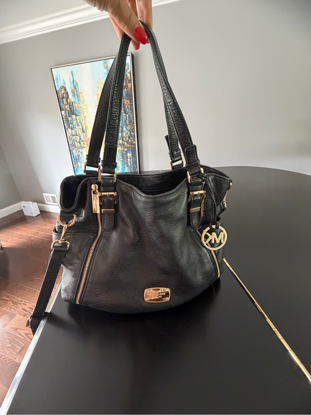 Michael Kors Black Pebbled Leather Shoulder Bag with Gold Hardware